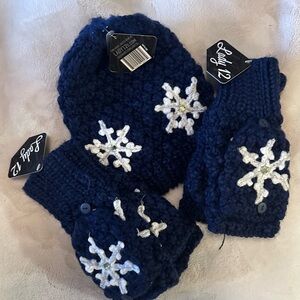 Navy Blue Snowflake Knit Hat and Fingerless Glove / Mittens Set